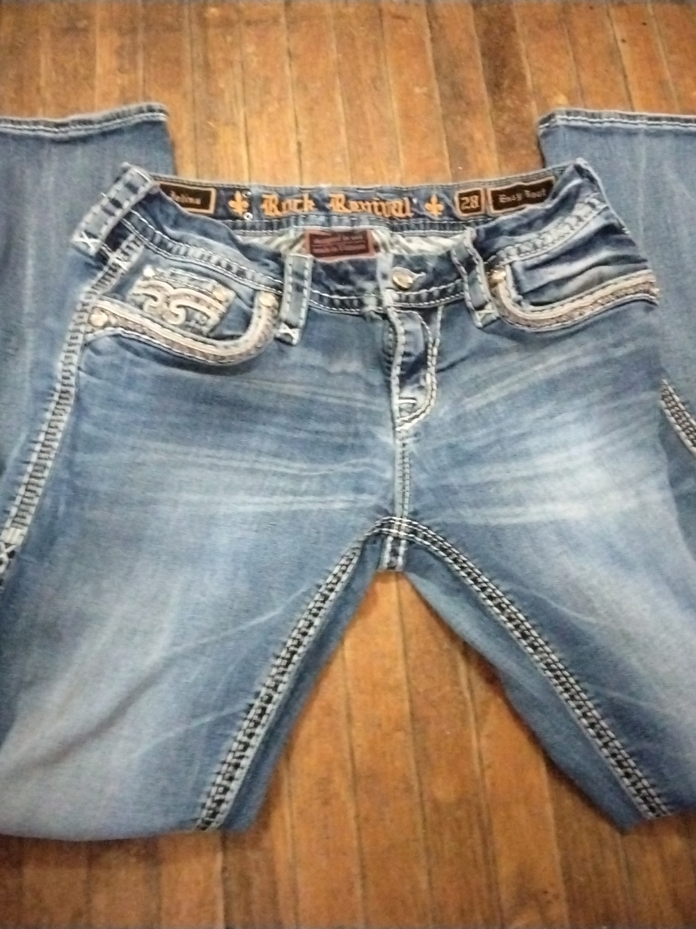 Rock Revival Faded Blue Denim Jeans with Embroidered Pockets